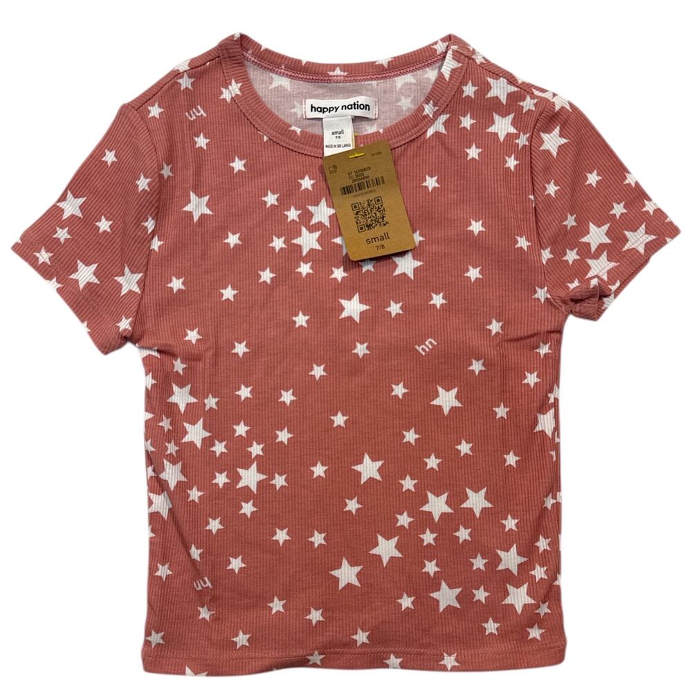 Happy Nation Girls Small 7/8 Star Print Ribbed Crop T Shirt Pink NEW